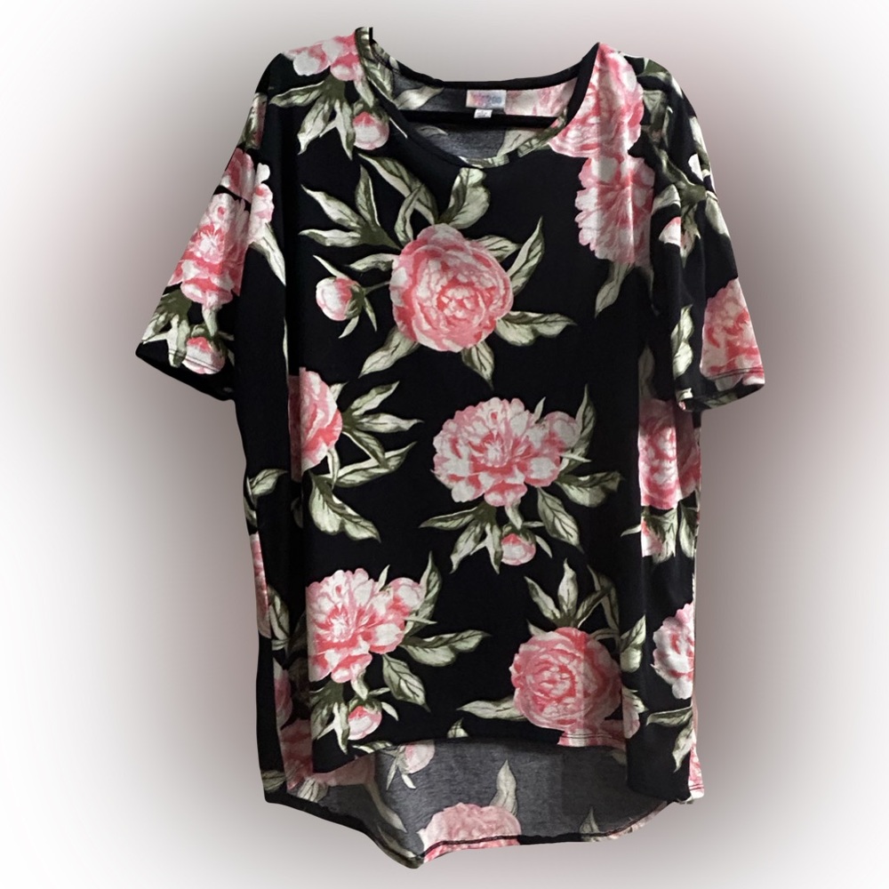 LuLaRoe Irma Tunic L Black Pink Floral Rose High Low Tunic EUC